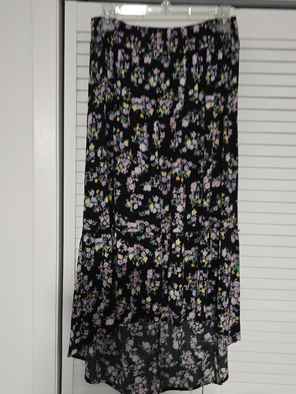 Hippie Rose Black Floral High-Low Skirt with Lavender and Yellow Accents